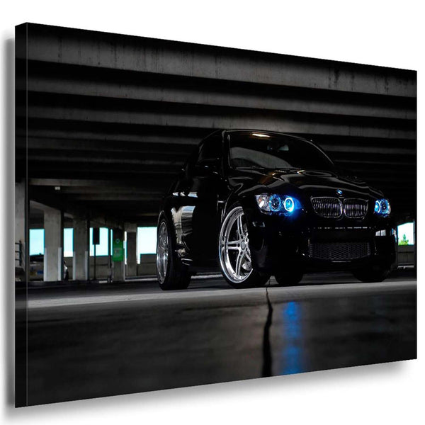 BMW Garage Neon Scheinwerfer Leinwandbild / AK Art Bilder / Mehrfarbig + Auto