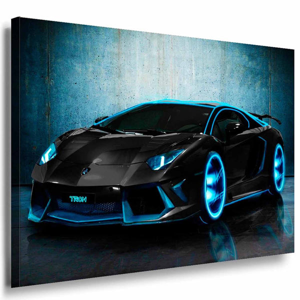 Lamborghini Blau Neon Leinwandbild / AK Art Bilder / Auto + Mehrfarbig