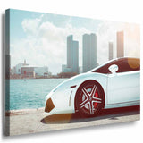 Weißer Lamborghini Sportwagen Miami Leinwandbild / AK Art Bilder / Auto Mehrfarbig