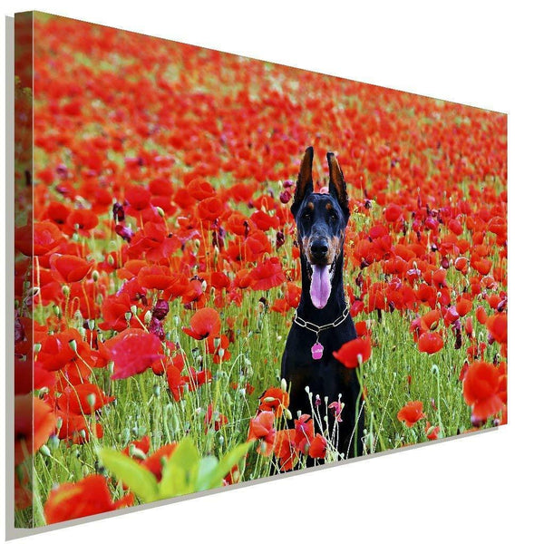 Doberman mit roten Blumen AK Art Bilder Kunstdruck Made in Germany Leinwandbild